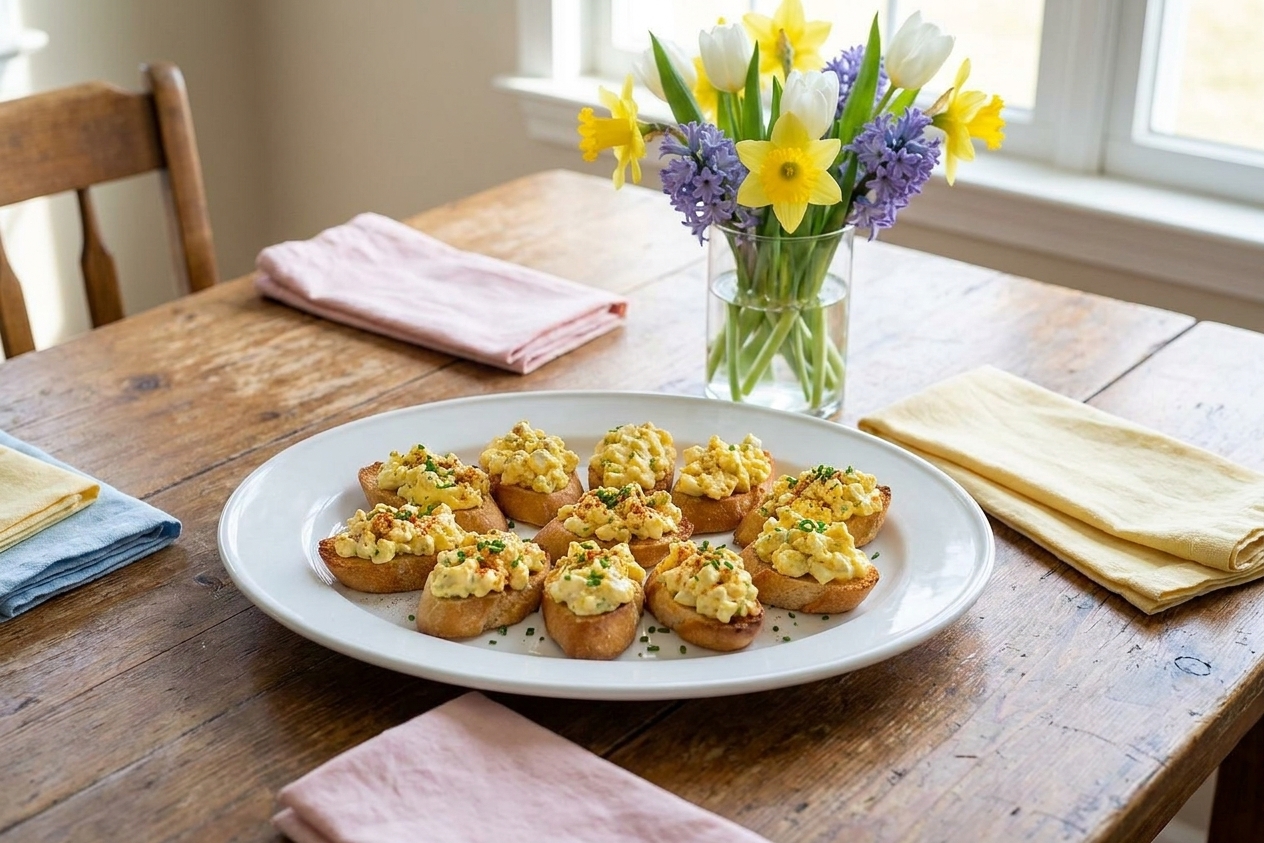 A spring Easter table setting with a platter of deviled egg crostini, pastel napkins, and simple flowers in a vase on a wooden dining table
