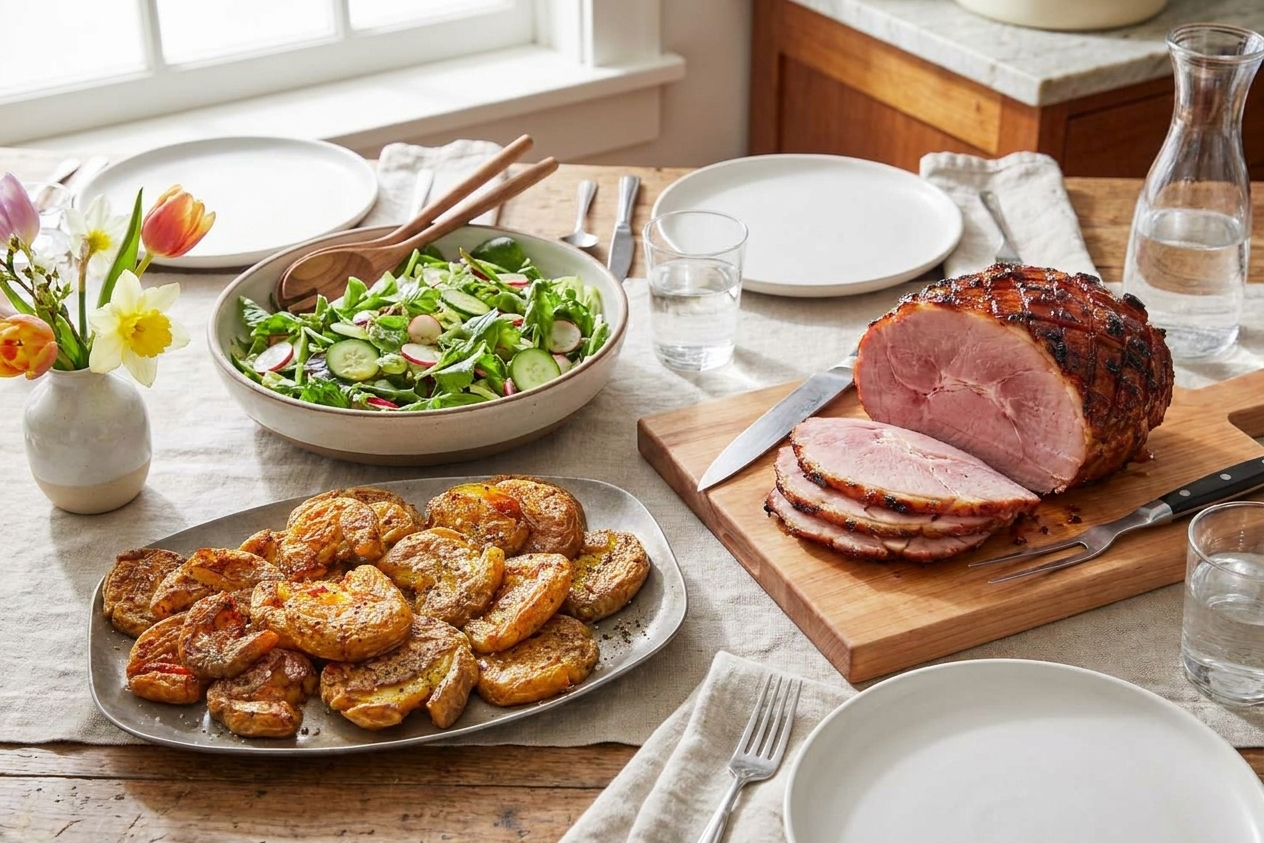 A spring Easter table setting with a serving platter of crispy smashed potatoes beside a ham and green salad in natural daylight