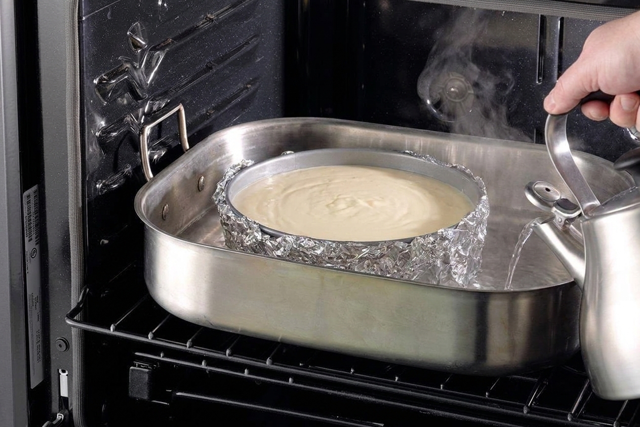 A springform pan cheesecake baking inside a roasting pan filled with hot water on an oven rack