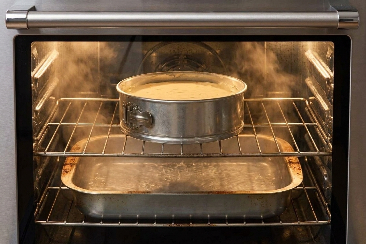 A springform pan cheesecake baking on the middle oven rack with a separate pan of hot water on the lower rack creating steam