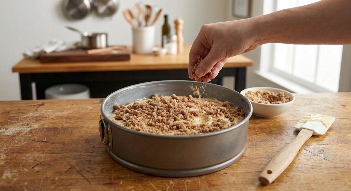 A springform pan filled with coffee cake batter and an even layer of cinnamon streusel being sprinkled on top