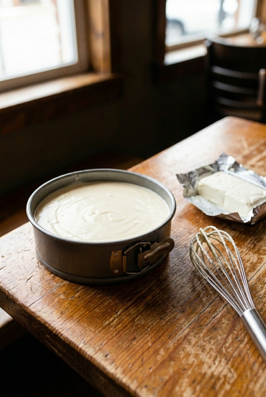 A springform pan filled with smooth cheesecake batter on a kitchen counter next to a whisk and cream cheese blocks