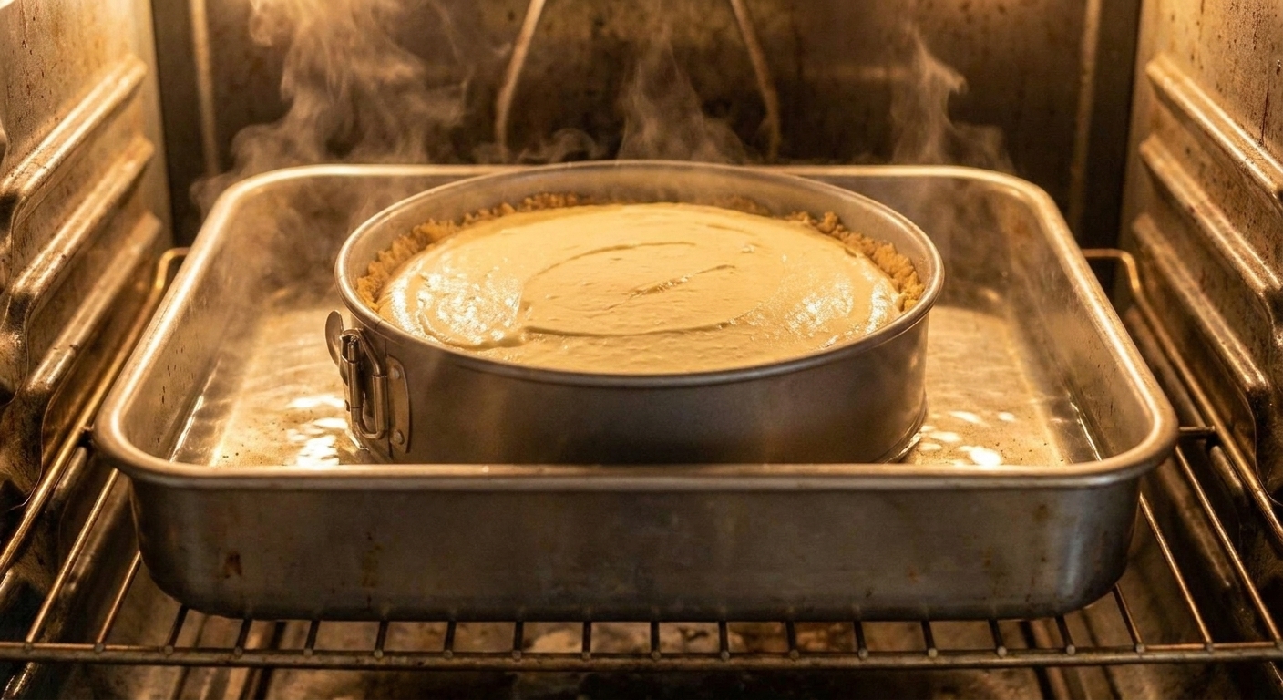 A springform pan in a roasting pan filled with hot water, positioned on an oven rack