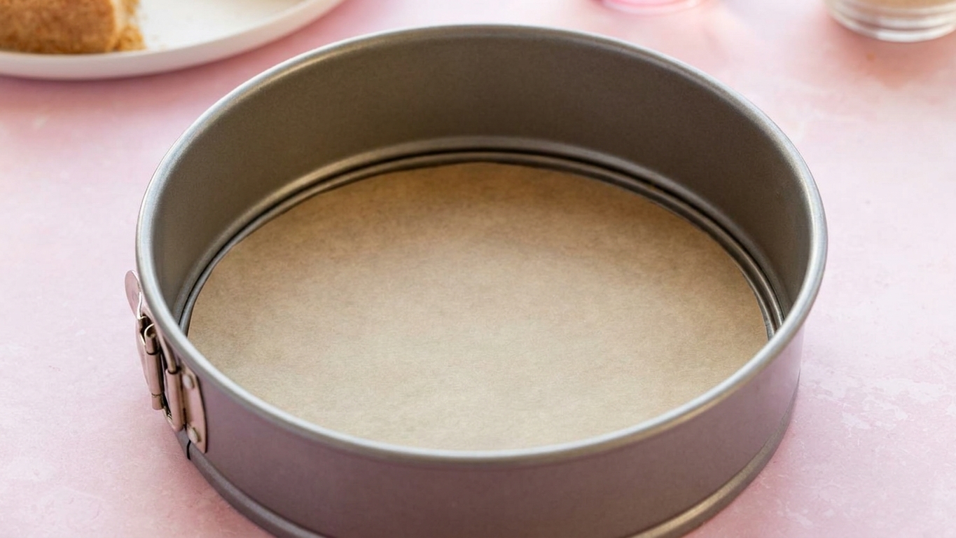 A springform pan on a kitchen counter with a round of parchment paper pressed into the bottom