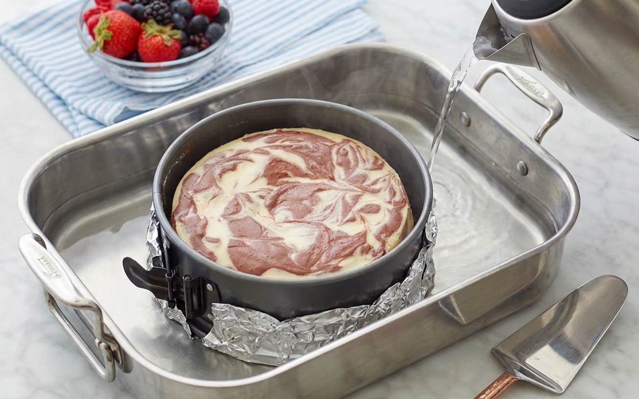 A springform pan set inside a roasting pan with hot water added around it for a water bath