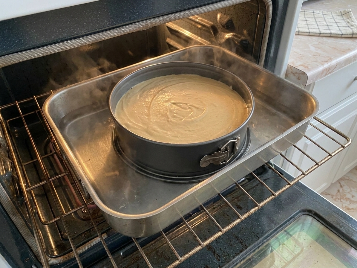 A springform pan sitting inside a large roasting pan filled with hot water, placed on an oven rack, ready to bake