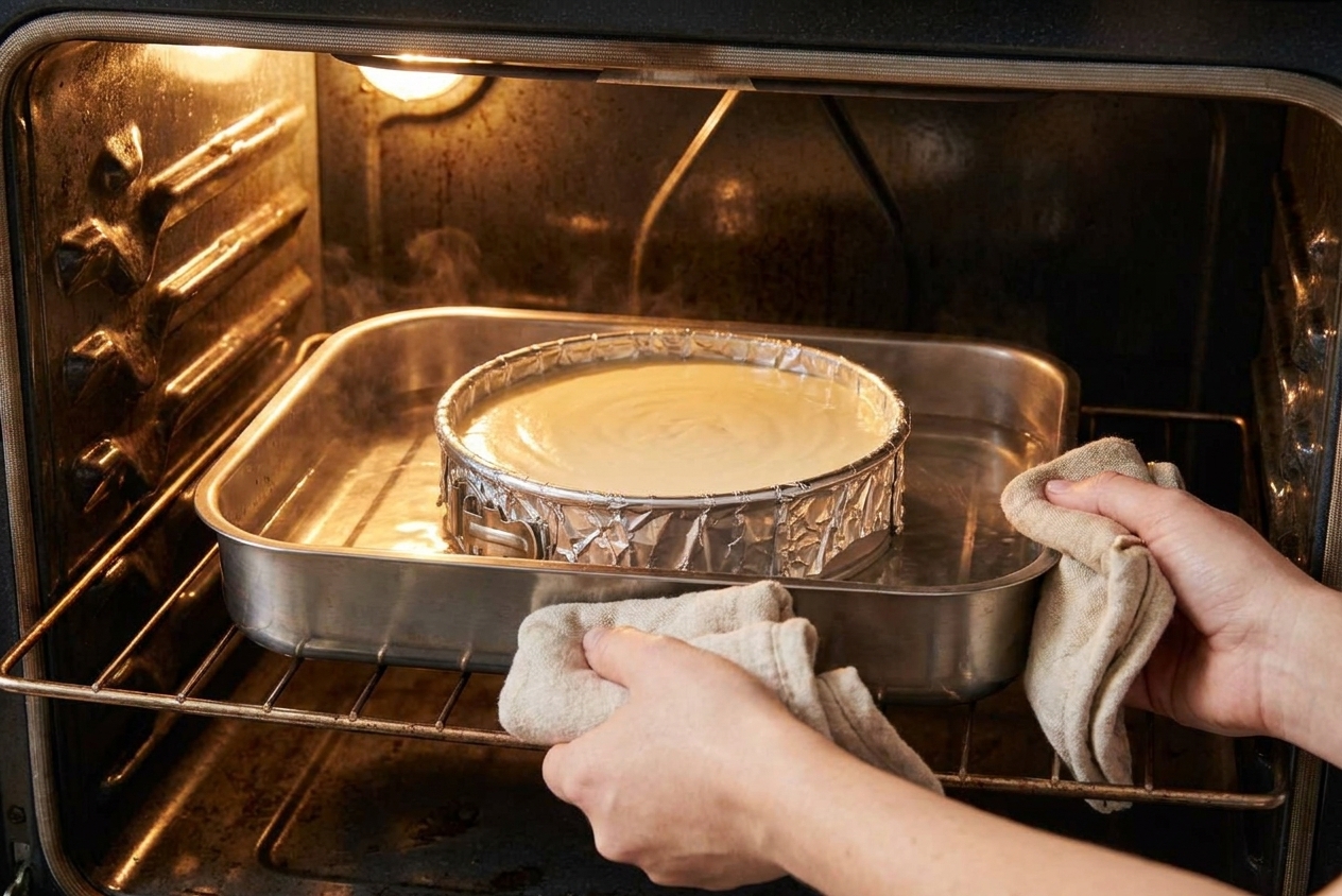 A springform pan sitting inside a roasting pan with hot water around it in an oven