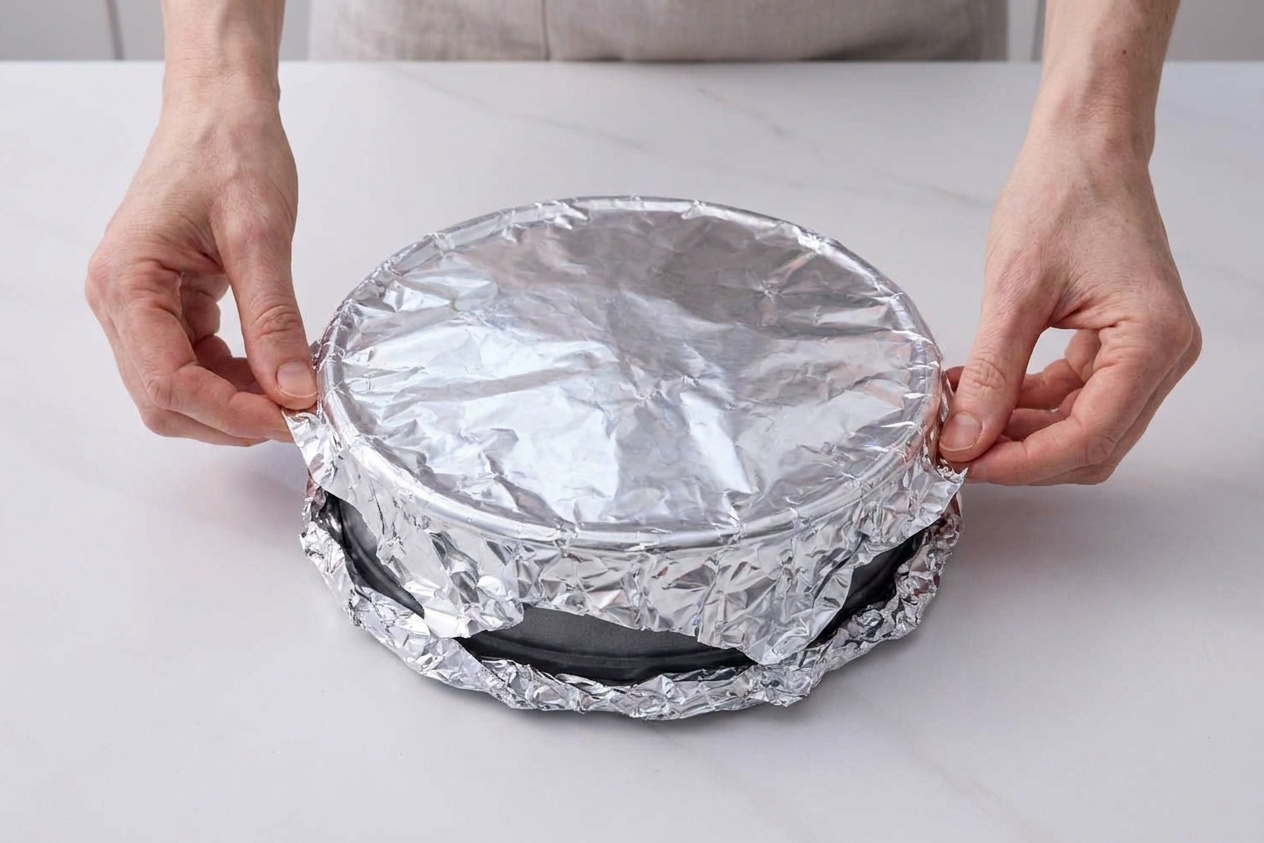 A springform pan tightly wrapped in two layers of aluminum foil on a kitchen counter, ready for a water bath
