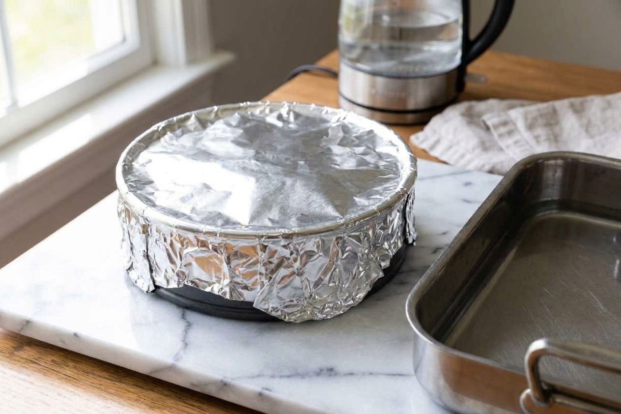 A springform pan wrapped in aluminum foil on a kitchen counter, ready for a water bath