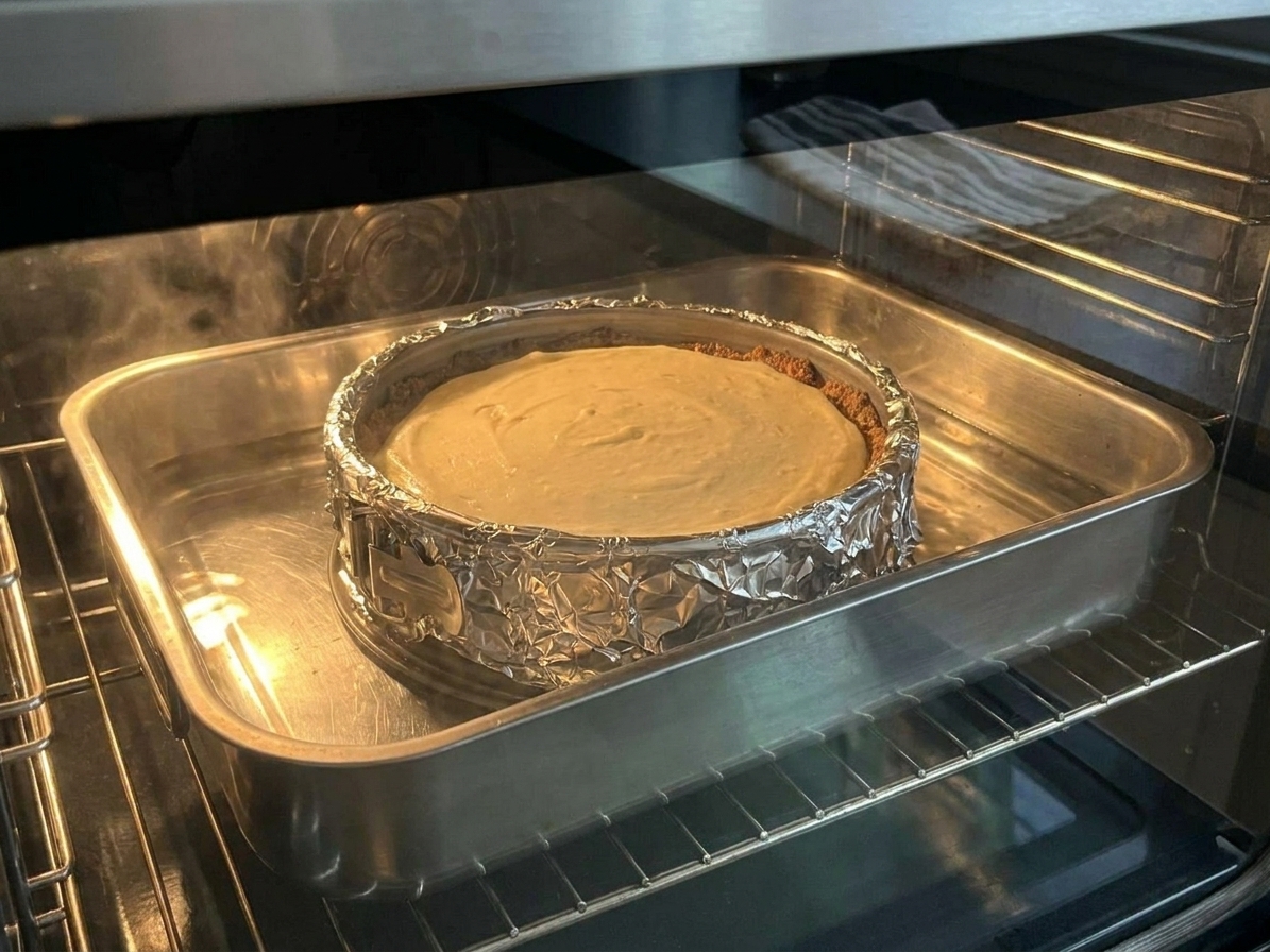 A springform pan wrapped in foil sitting in a roasting pan filled with hot water inside an oven, baking a cheesecake