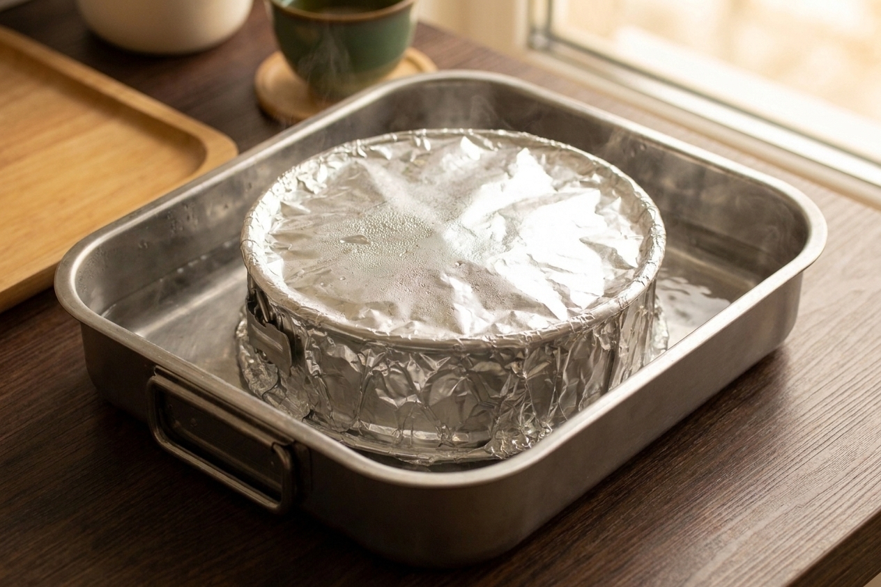 A springform pan wrapped in foil sitting inside a larger roasting pan filled with hot water on a kitchen counter, ready for baking