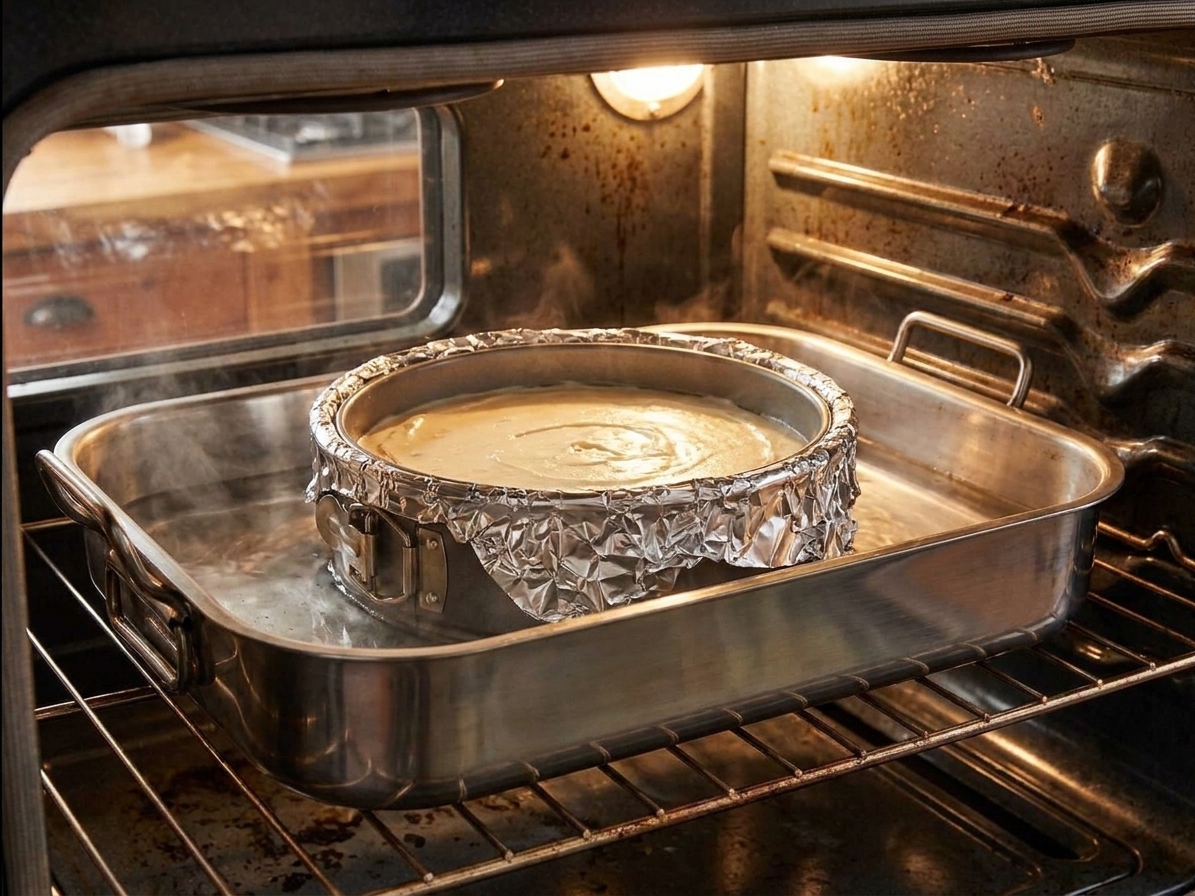 A springform pan wrapped in foil sitting inside a large roasting pan with hot water poured around it, shown on an oven rack in a home kitchen