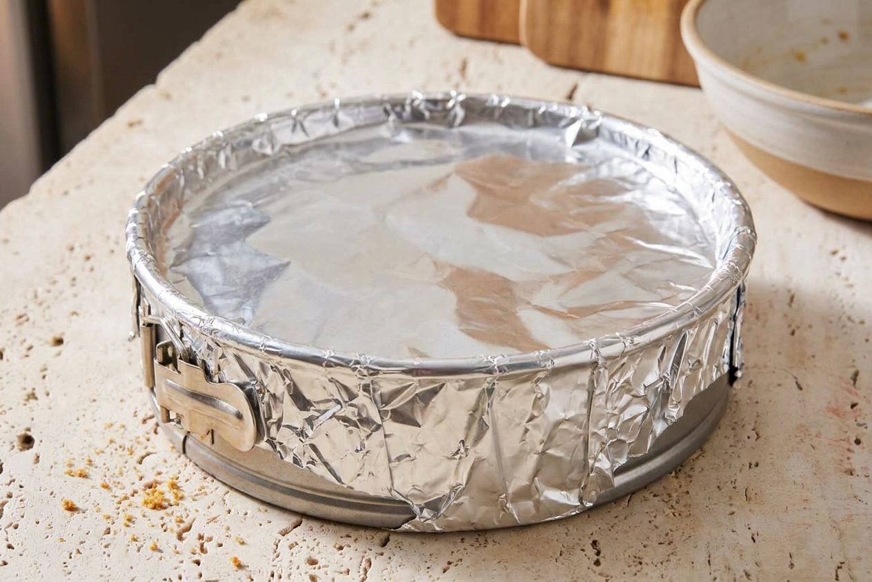 A springform pan wrapped tightly with two layers of aluminum foil on a kitchen counter