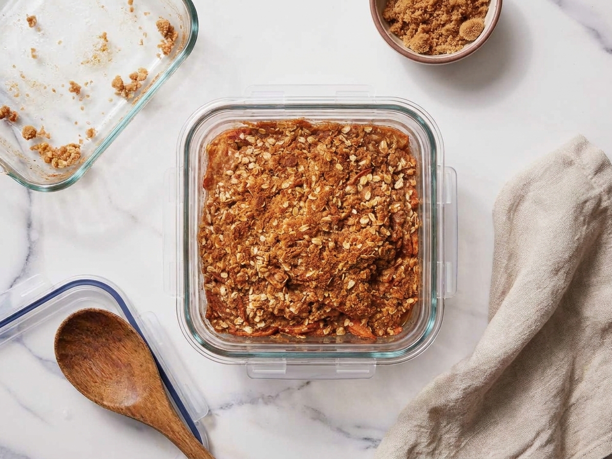 A square airtight glass container holding leftover apple crisp with visible oat topping, sitting on a kitchen counter next to the baking dish