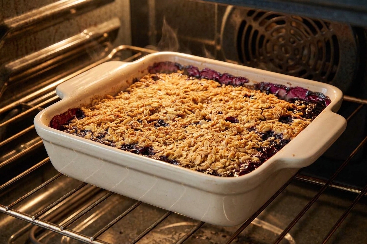 A square baking dish of blueberry crumble on an oven rack with the topping turning golden and the filling bubbling