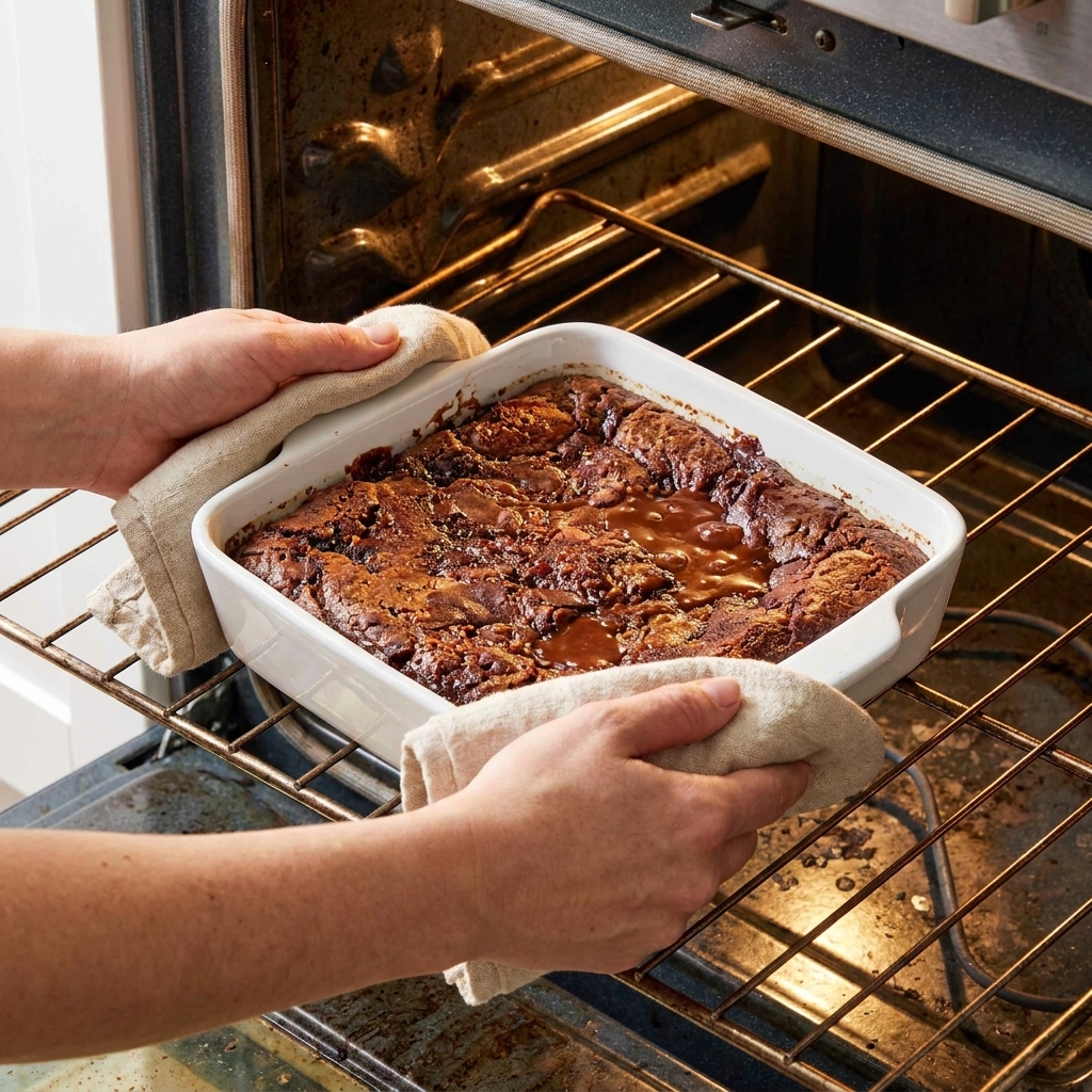 A square baking dish of brownie pudding being placed onto an oven rack, with the chocolate top just starting to set