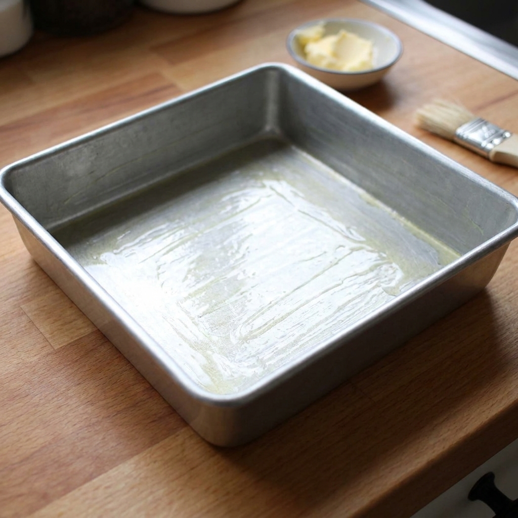 A square baking pan lightly greased on a kitchen counter, ready to be filled