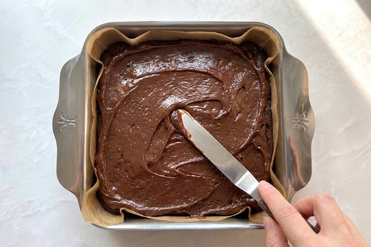 A square baking pan lined with parchment paper, filled with smooth glossy brownie batter being spread evenly with a spatula