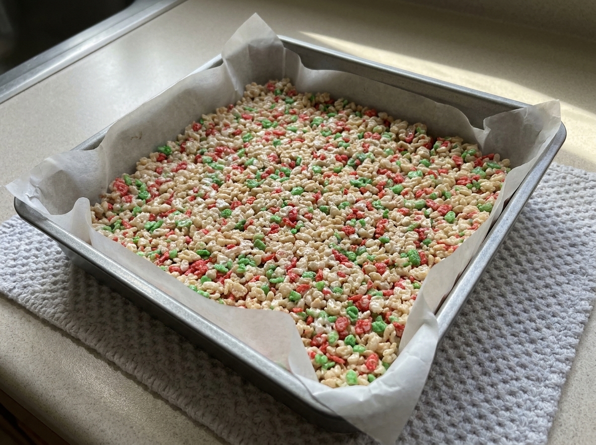 A square baking pan lined with parchment paper filled with freshly pressed Rice Krispie treat mixture on a kitchen counter
