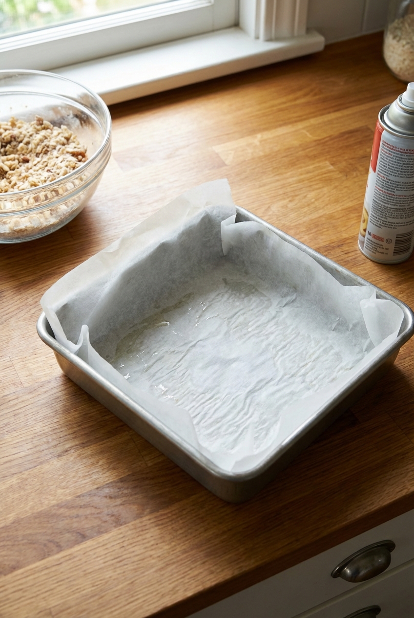 A square baking pan lined with parchment paper on a kitchen counter