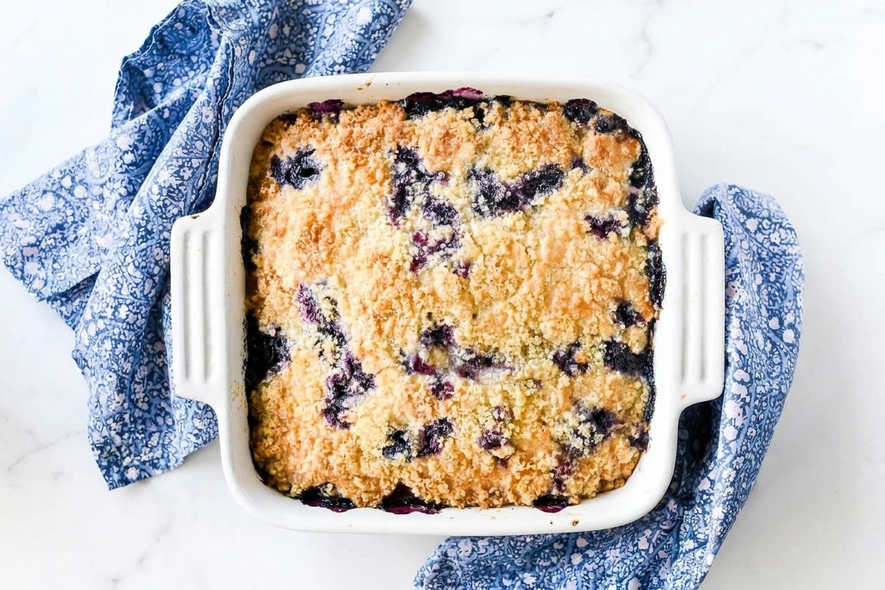 A square baking pan of blueberry buckle baking, streusel topping turning golden