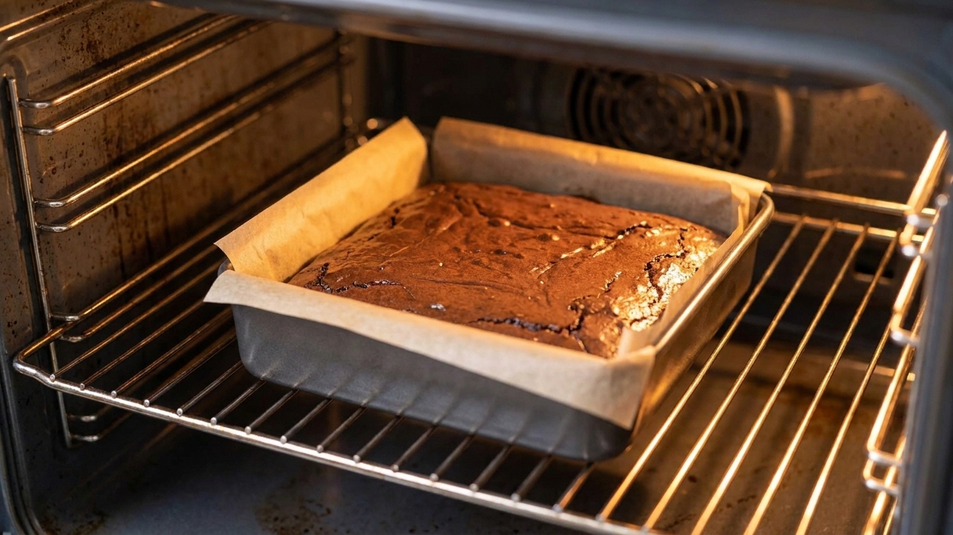 A square baking pan of chocolate brownies on the middle rack of a home oven with the oven light on