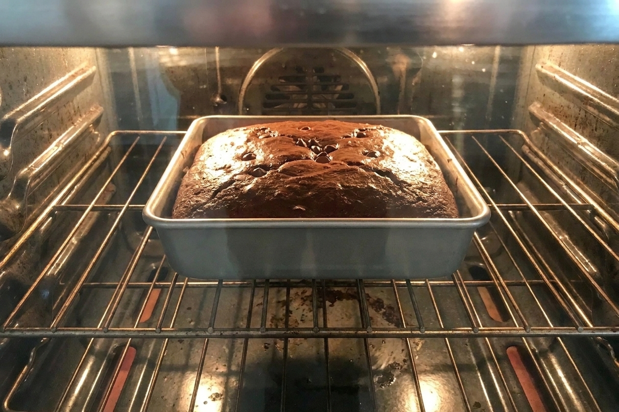 A square baking pan of chocolate cake on the center rack of a home oven with the oven light on, showing the cake rising during baking