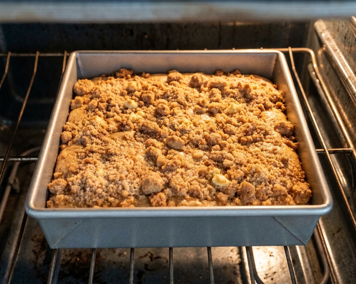 A square baking pan of coffee cake on an oven rack with the streusel top turning golden brown