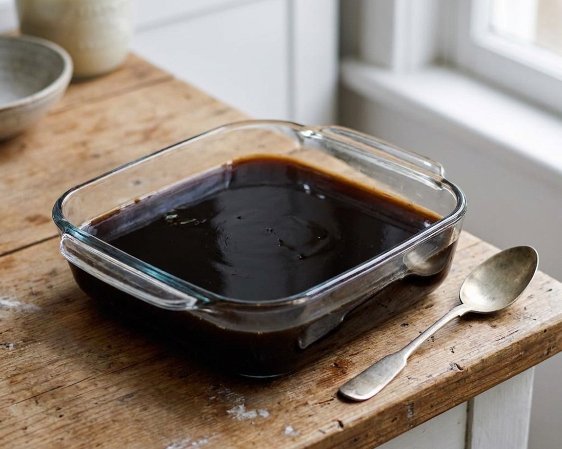 A square glass dish filled with set coffee jelly on a kitchen counter