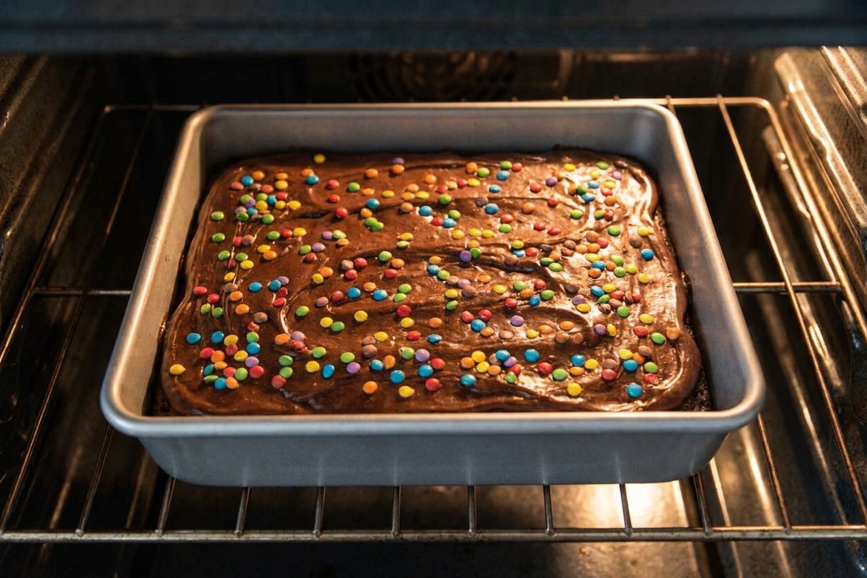 A square metal pan of brownies baking in an oven