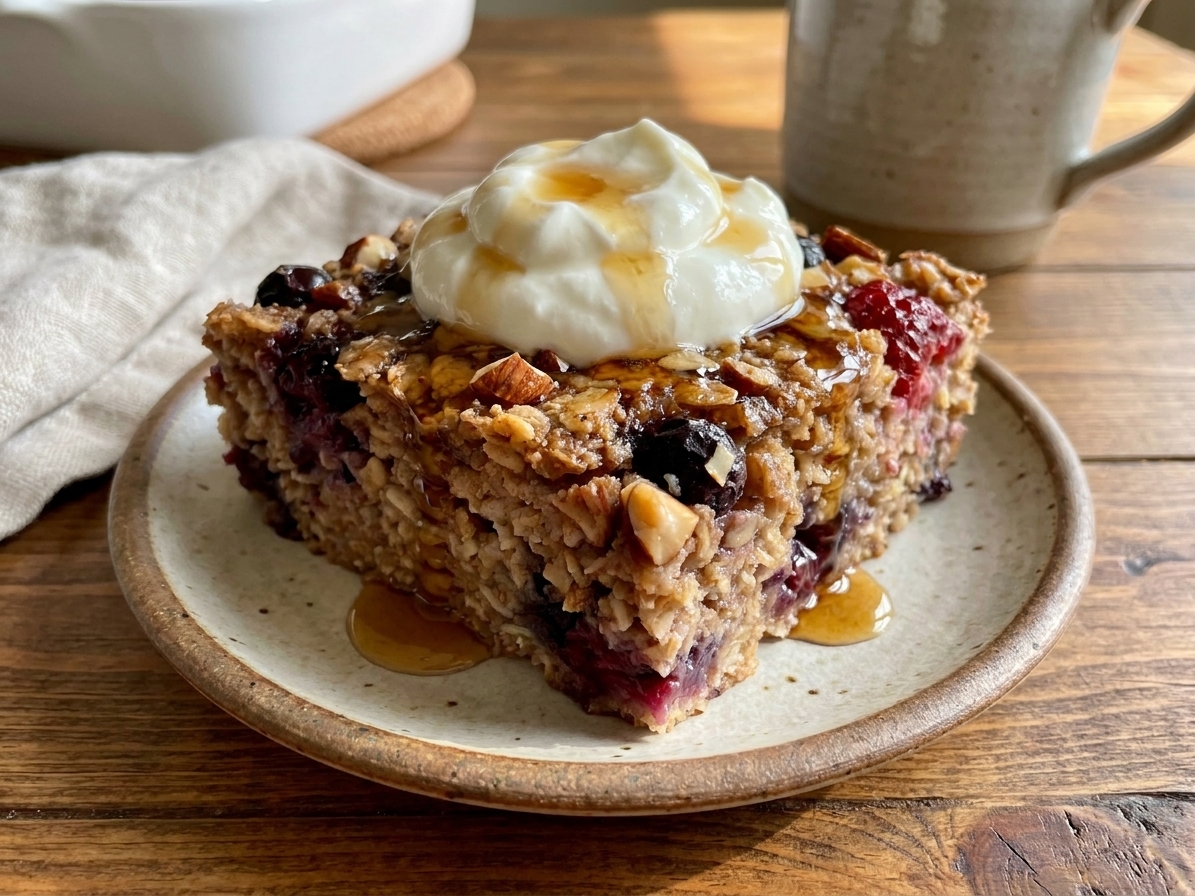 A square of banana bread baked oatmeal on a small plate with a dollop of yogurt and a drizzle of maple syrup on a wooden table