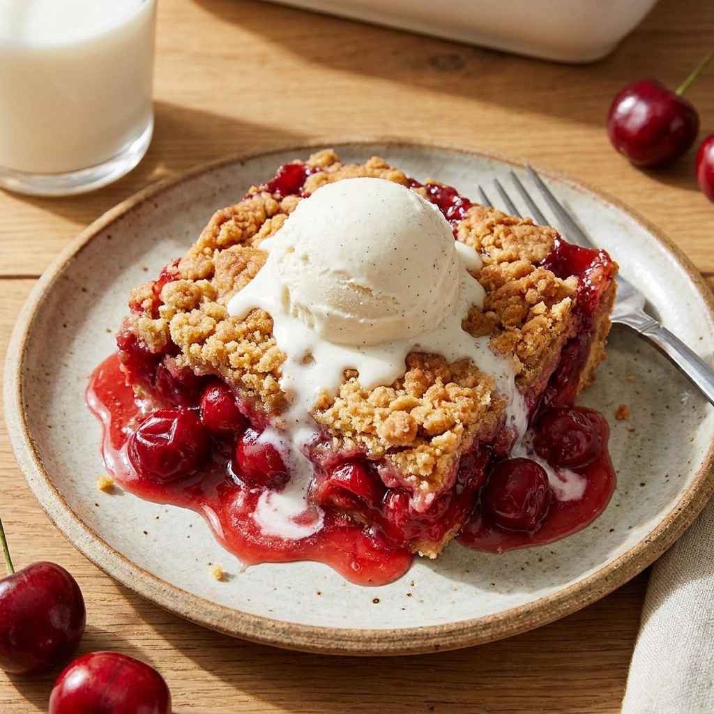 A square of cherry dump cake on a plate with a scoop of vanilla ice cream melting on top, showing crisp golden topping and bright cherry filling