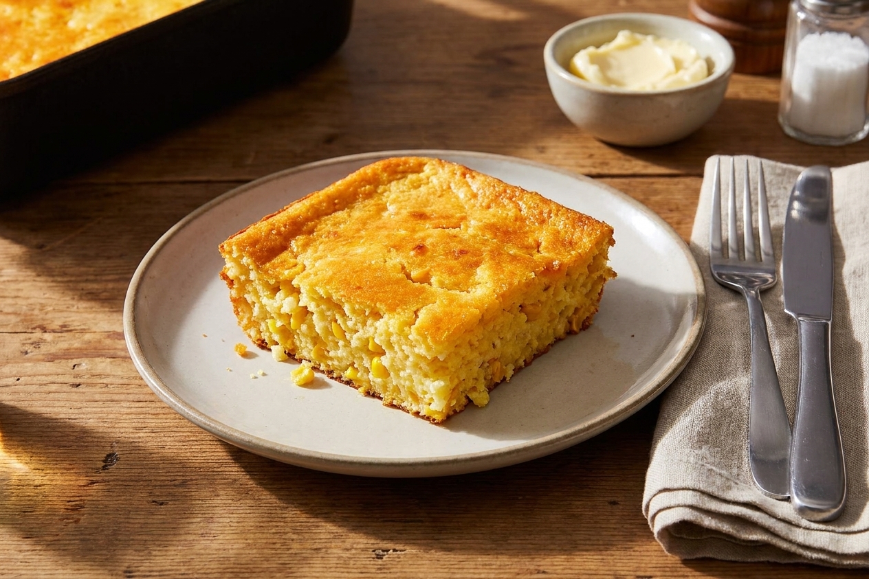 A square of corn casserole on a plate with a golden top and creamy interior, served on a dinner table with simple place settings