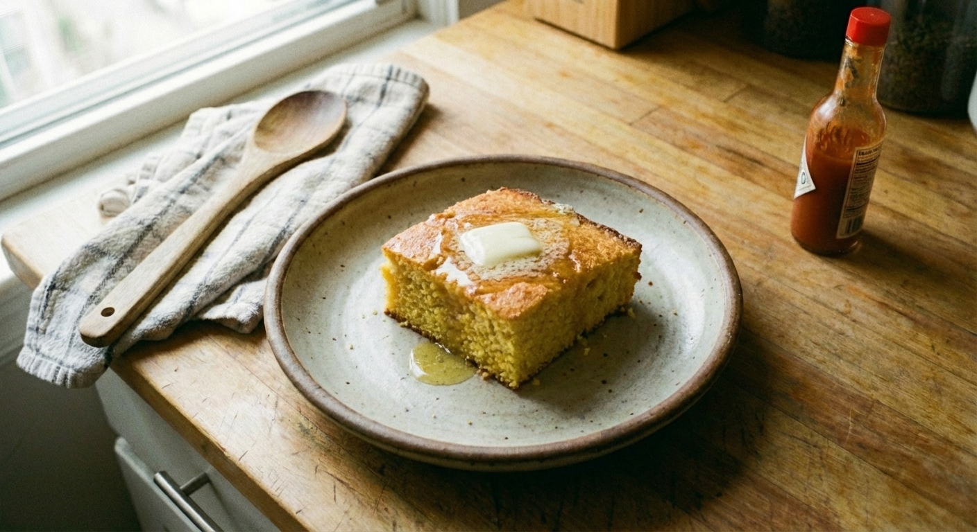 A square of cornbread on a plate with butter melting on top