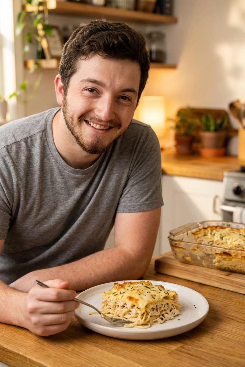 A square of creamy chicken spaghetti on a plate with a fork, with the casserole dish in the background showing a few servings removed, cozy kitchen lighting