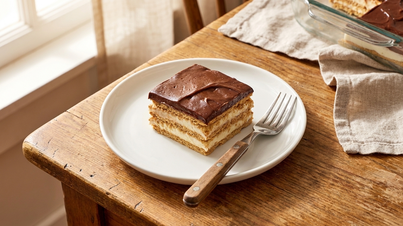 A square of eclair cake on a plate with a fork, set on a simple family dining table with soft natural light