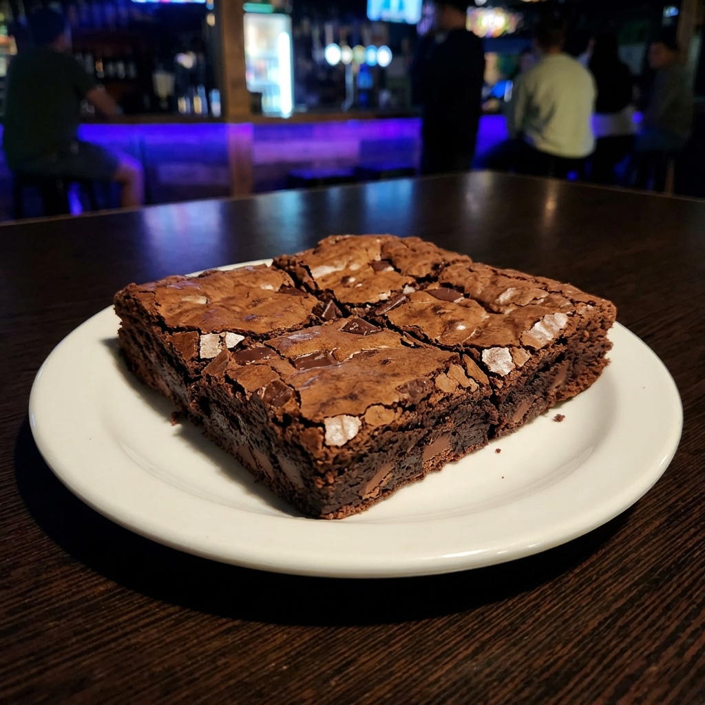 A square of fudgy chocolate brownies on a plate