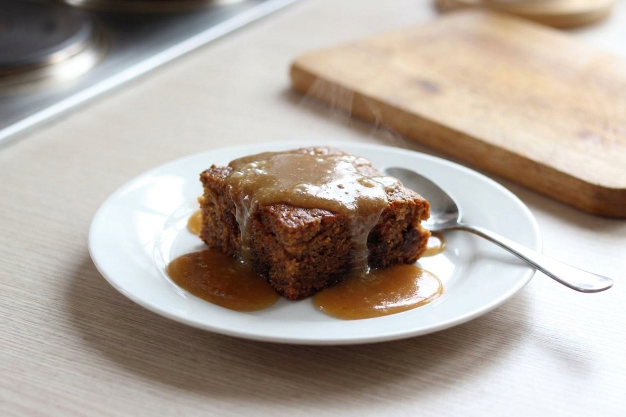 A square of sticky date pudding on a small plate with warm toffee sauce drizzled over the top, set on a wooden table with a spoon beside it in soft kitchen light