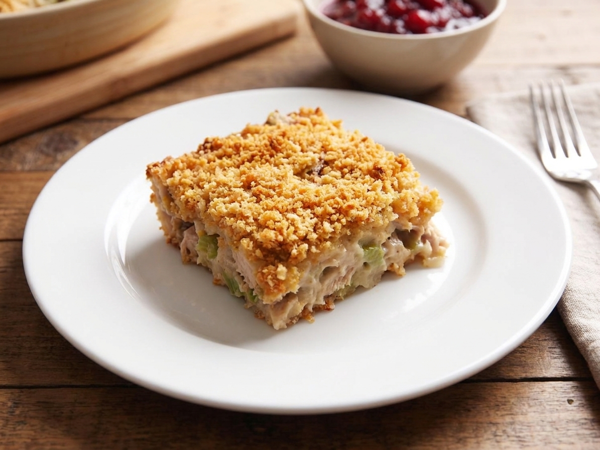 A square of turkey casserole on a plate with a golden breadcrumb topping, creamy filling visible at the cut edge, on a simple dinner table setting