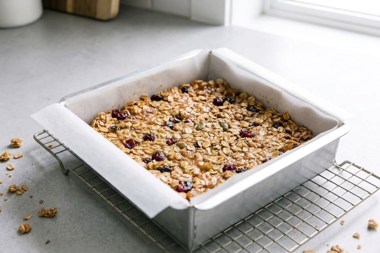 A square pan of baked granola flapjacks with golden edges cooling on a wire rack in a bright home kitchen