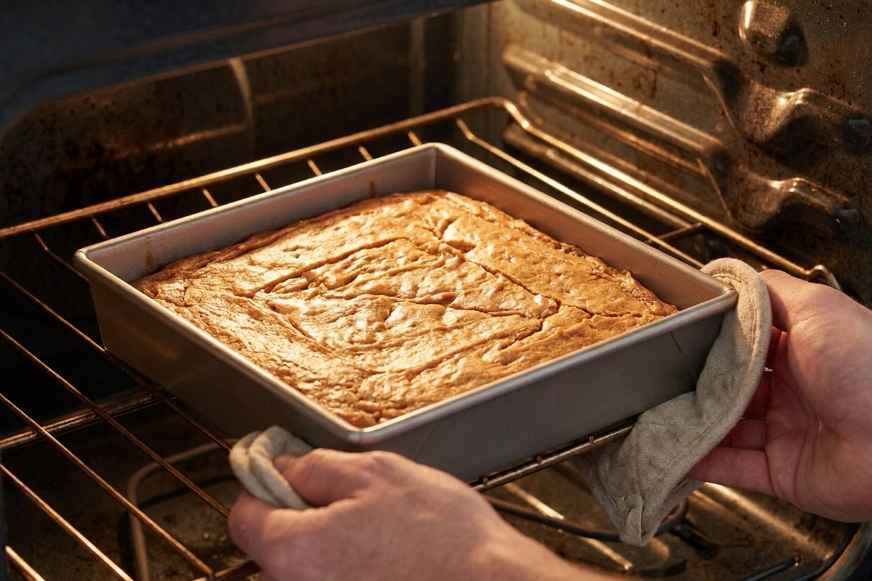 A square pan of blondies baking on the middle oven rack, with the top turning golden and slightly crackly