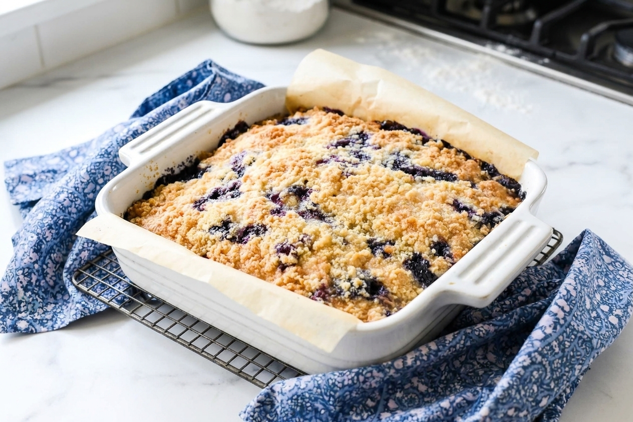 A square pan of blueberry buckle cooling, crumb topping set and slightly cracked