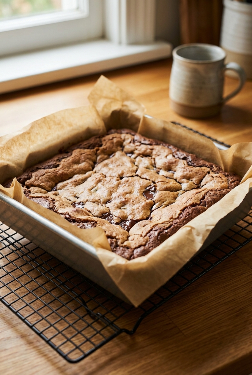 A square pan of brookies cooling on a wire rack with parchment paper overhang