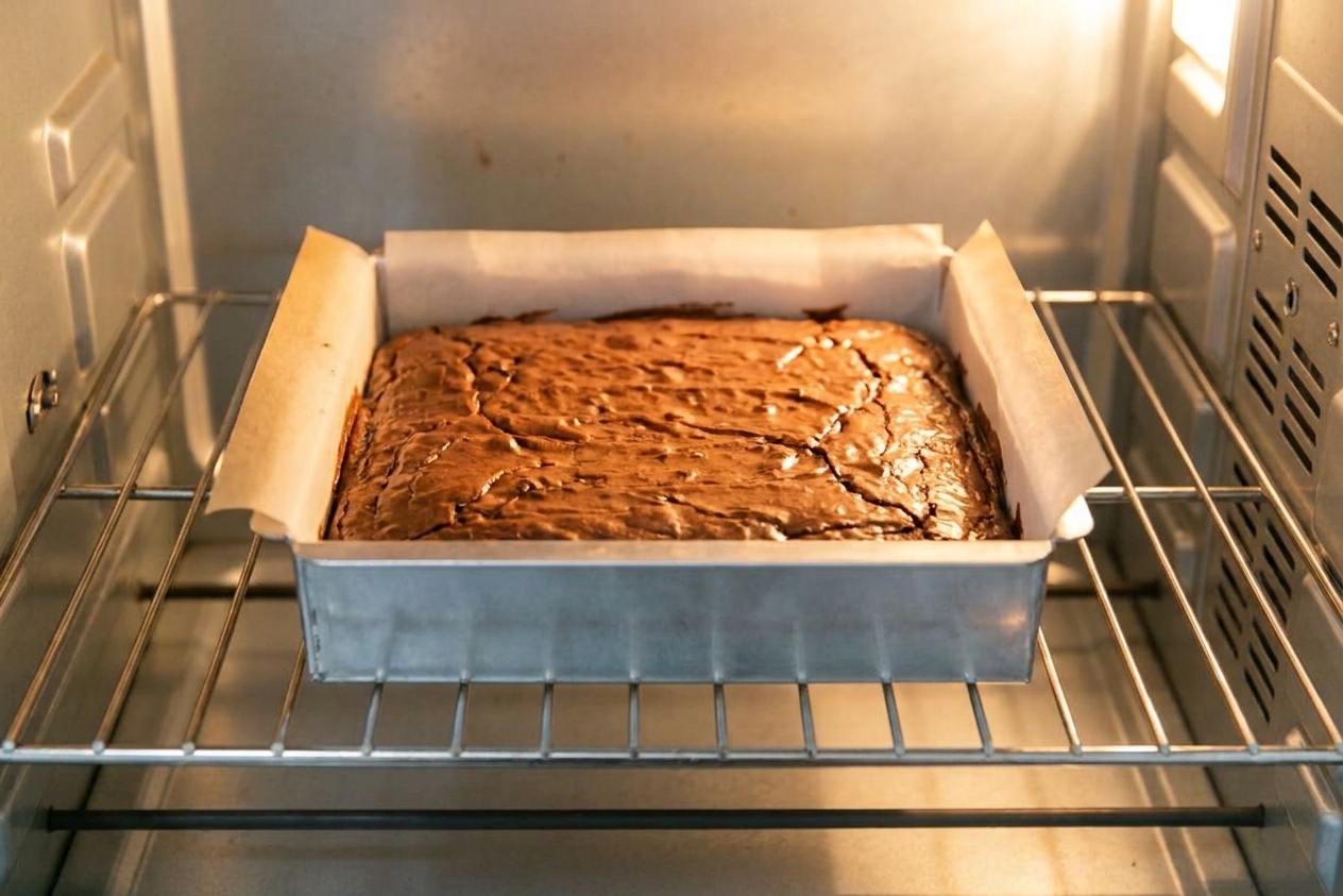 A square pan of brownies baking on the middle oven rack with the surface puffed and glossy