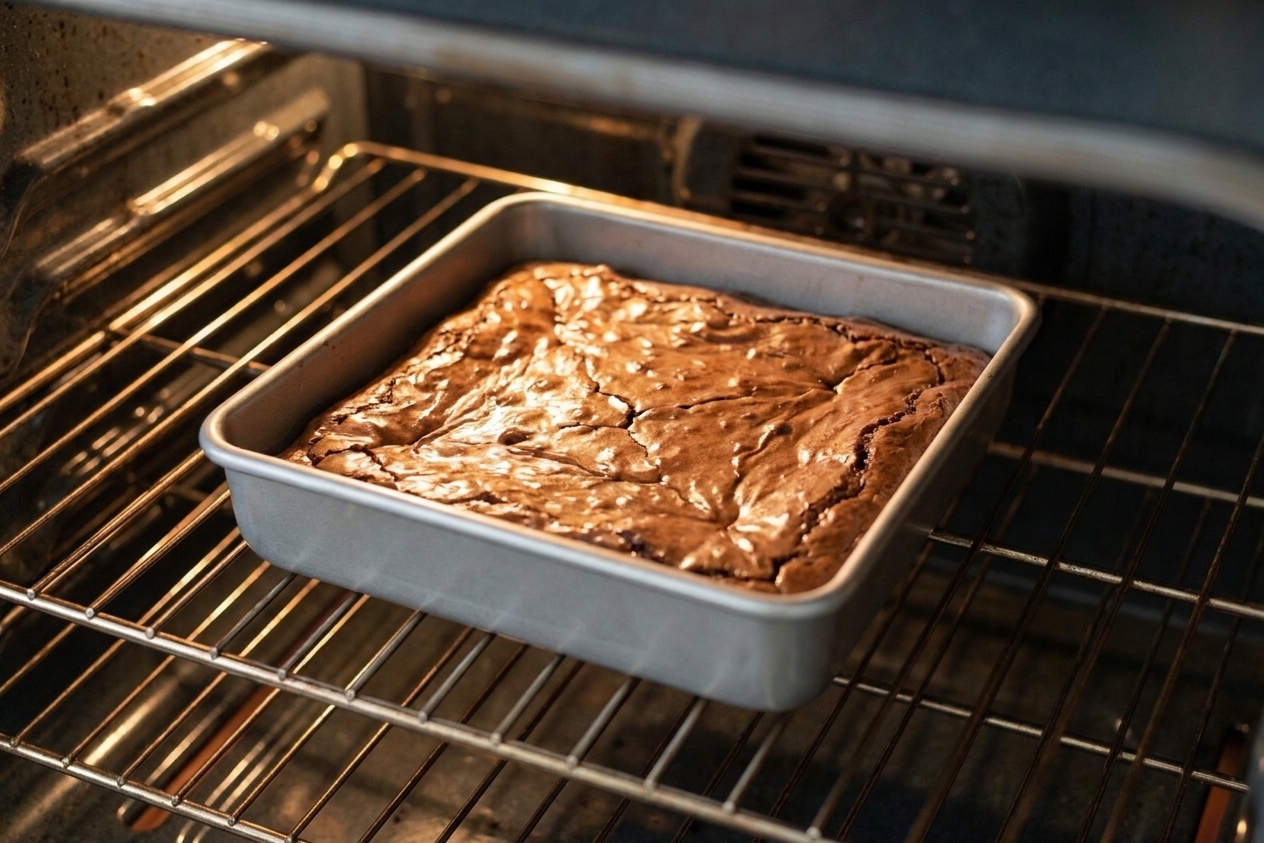 A square pan of brownies baking on the middle oven rack with the top starting to turn shiny and crackly