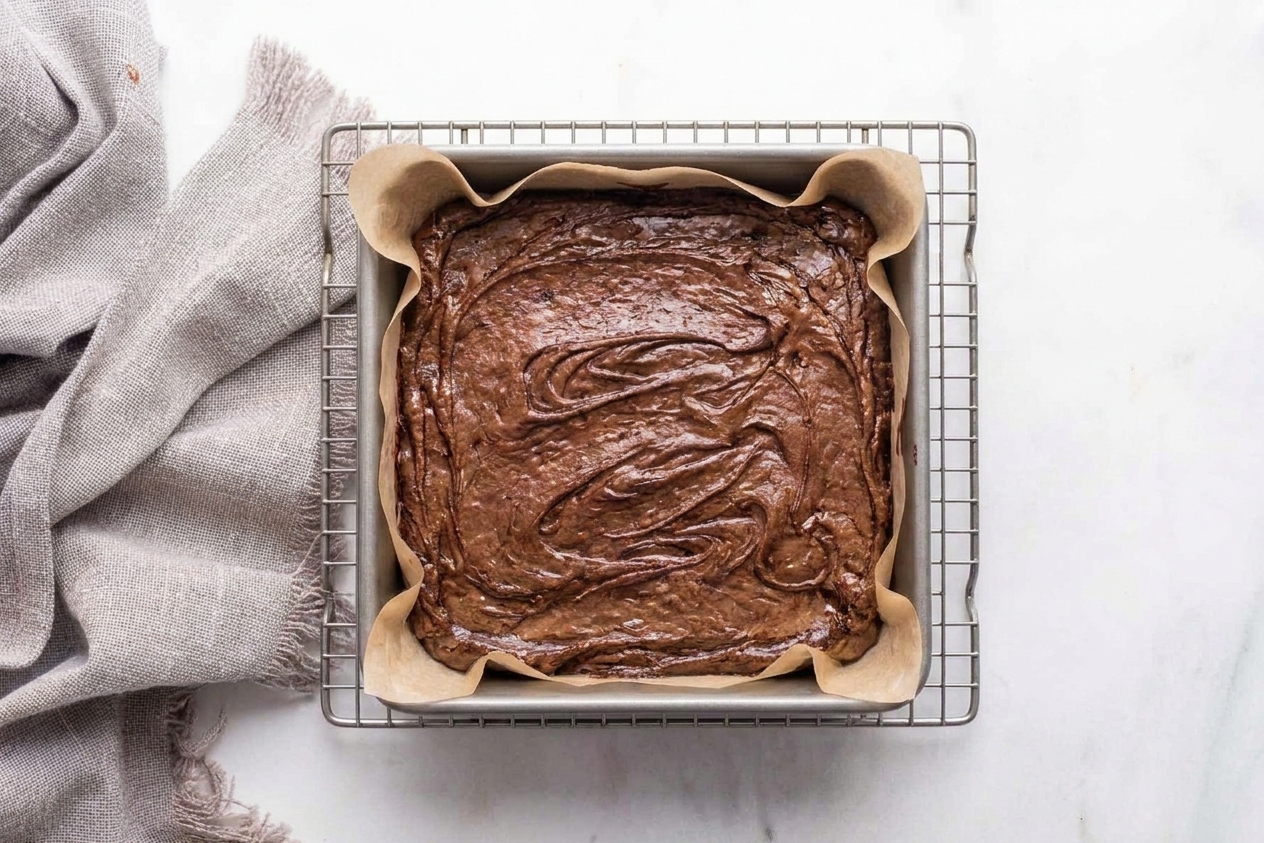 A square pan of freshly baked brownies cooling on a wire rack with parchment paper overhang