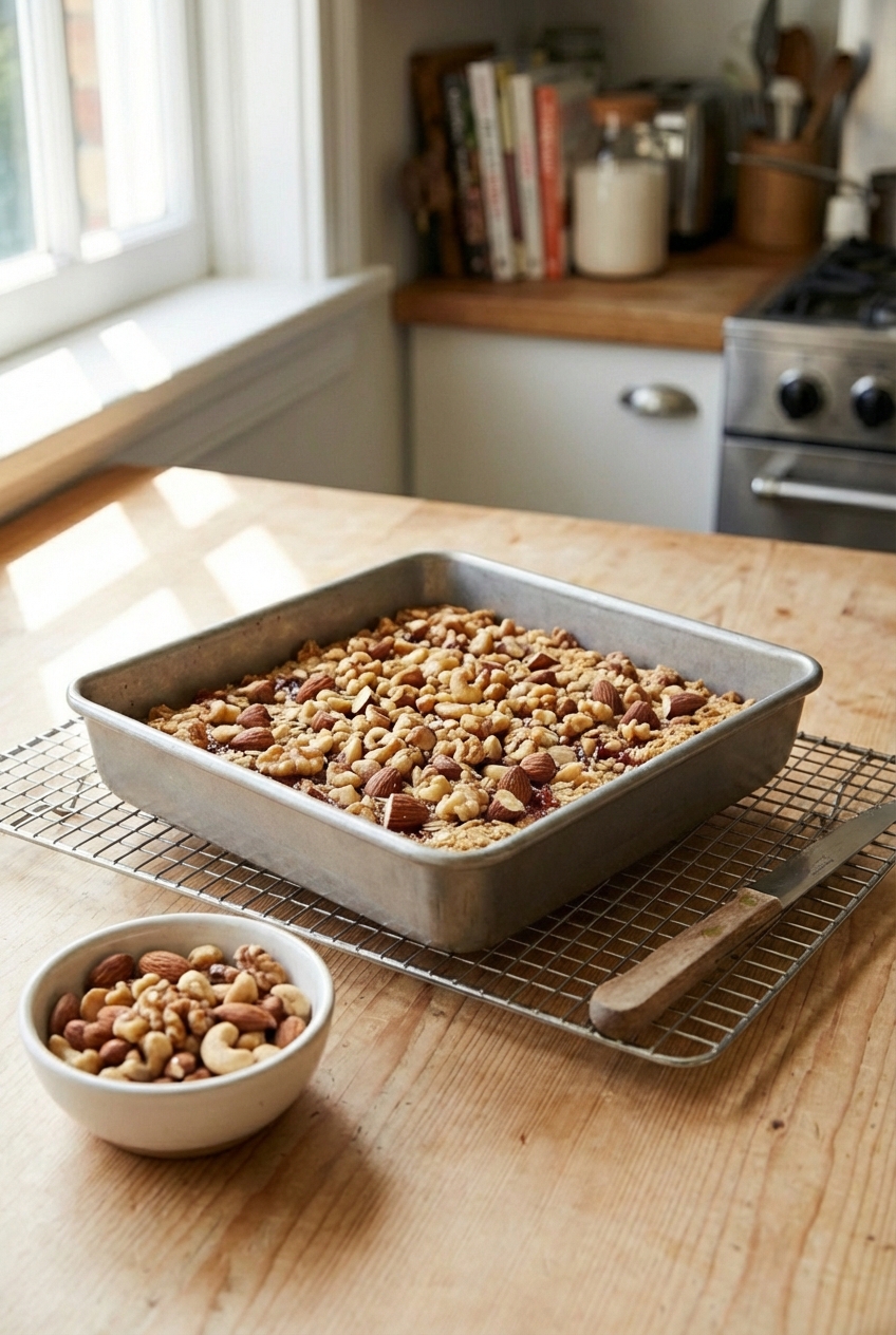A square pan of oat bars cooling on a wire rack with a knife nearby and a small bowl of mixed nuts on the counter