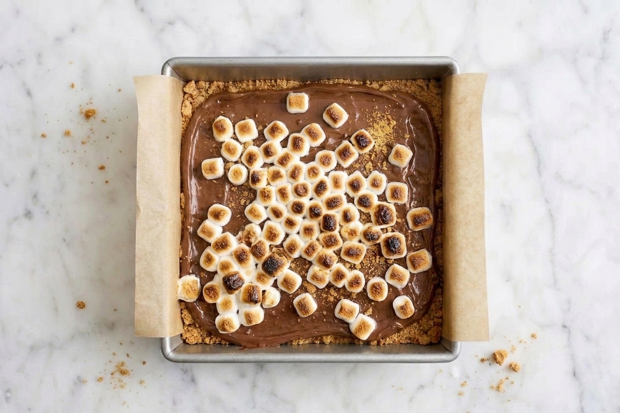 A square pan of s’mores bars with marshmallows toasted golden brown under a broiler, with darker caramelized peaks