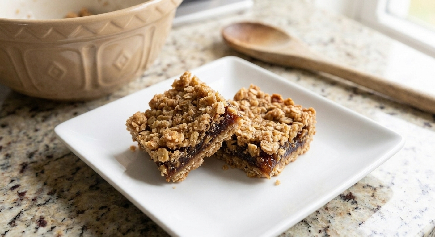 A square plate holding two chewy oat date bars with a thick date filling and golden crumble top, set on a light kitchen table with warm natural light