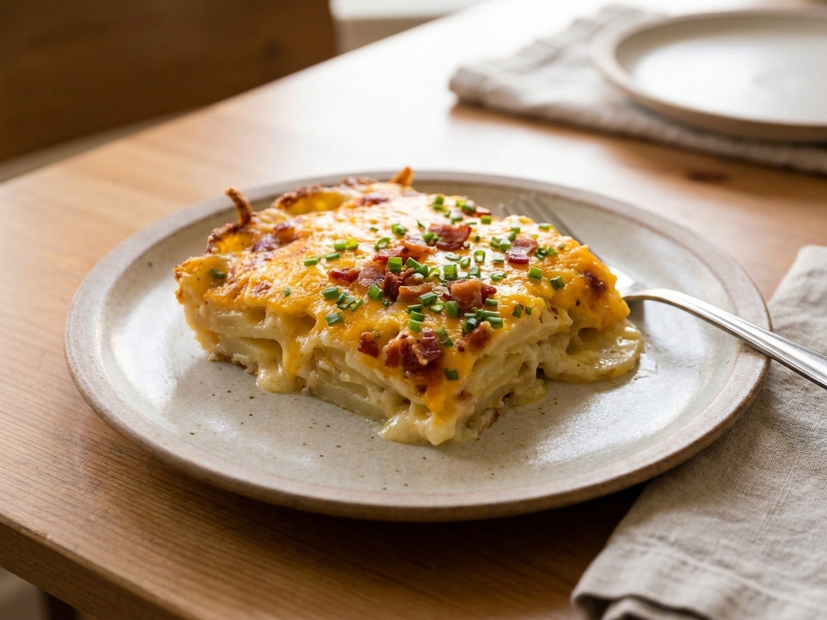 A square portion of cheesy potato casserole on a plate with golden top and creamy layers, set on a simple dinner table